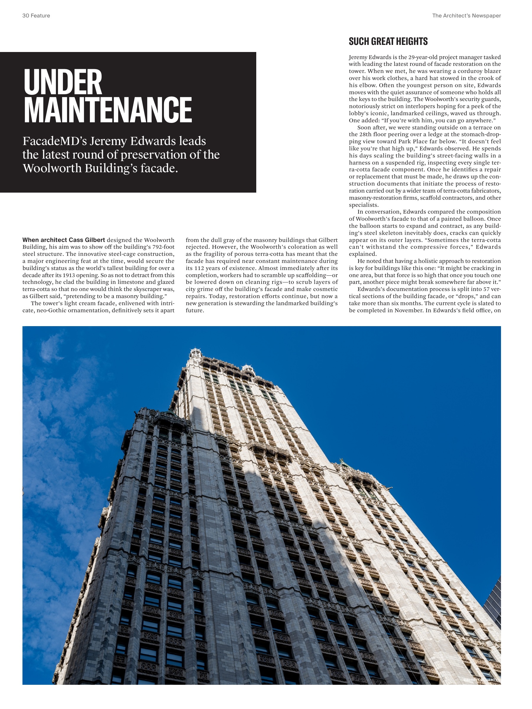 The Architect's Newspaper, October/November 2025, page 30: Under Maintenance: the Woolworth Building facade restoration feature.