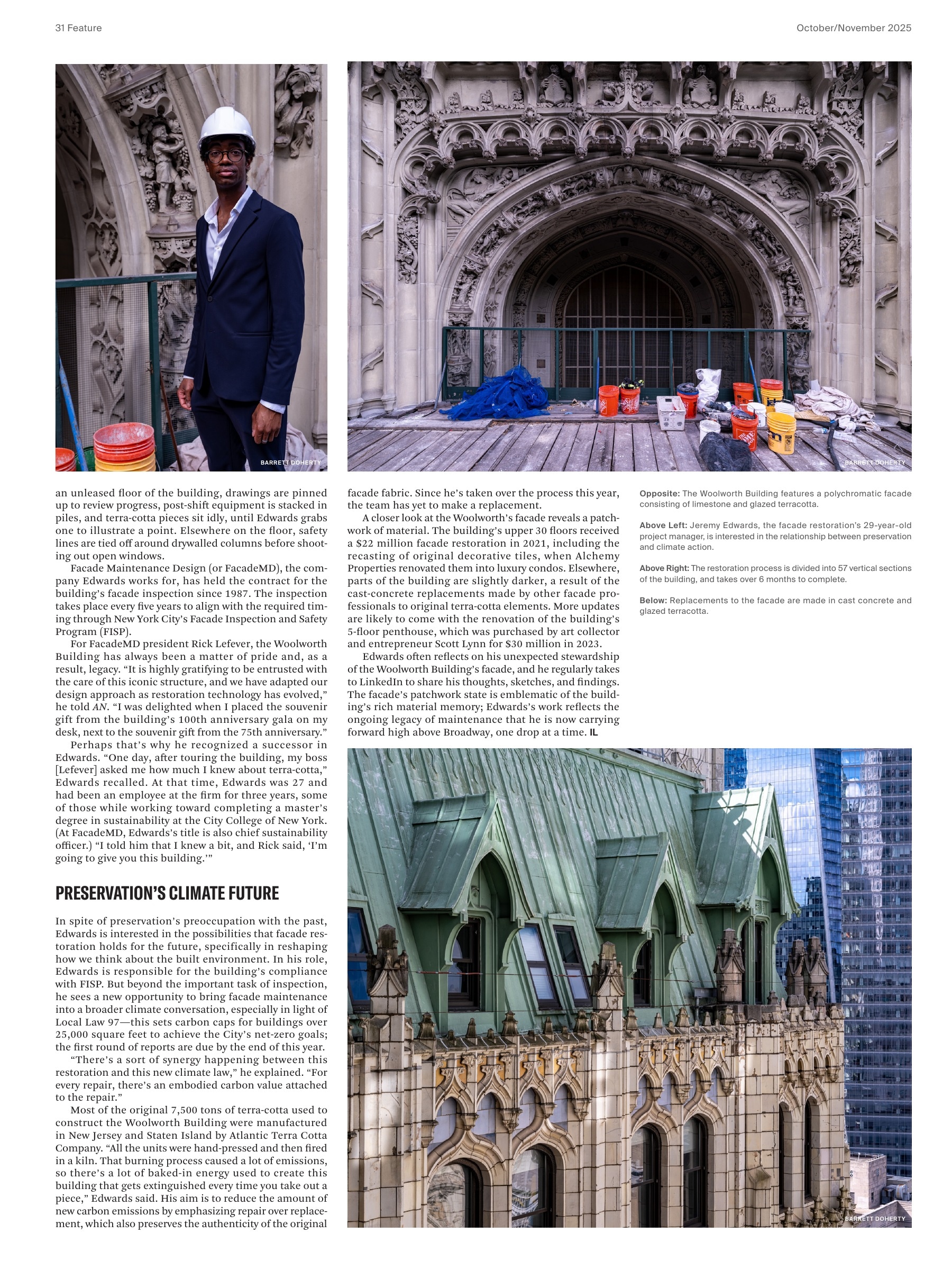 The Architect's Newspaper, October/November 2025, page 31: Continued feature, Jeremy Edwards portrait and restoration-site photography.