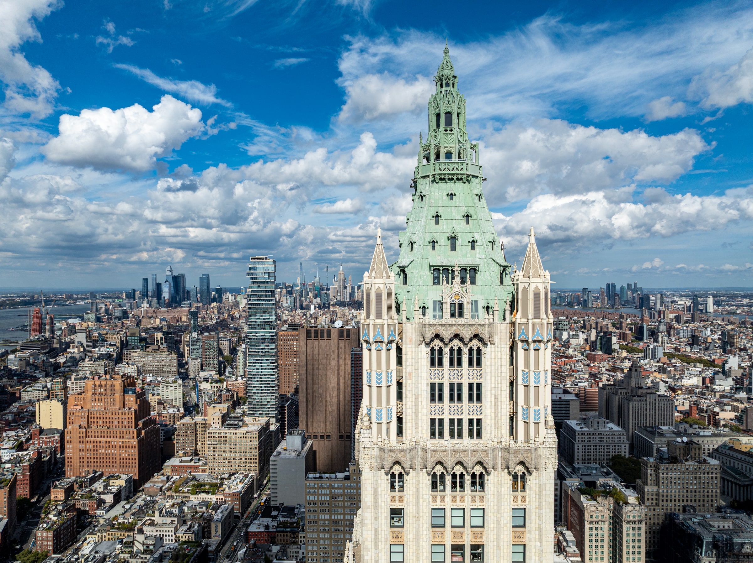 The Woolworth Building during the 2023 to 2025 facade restoration.