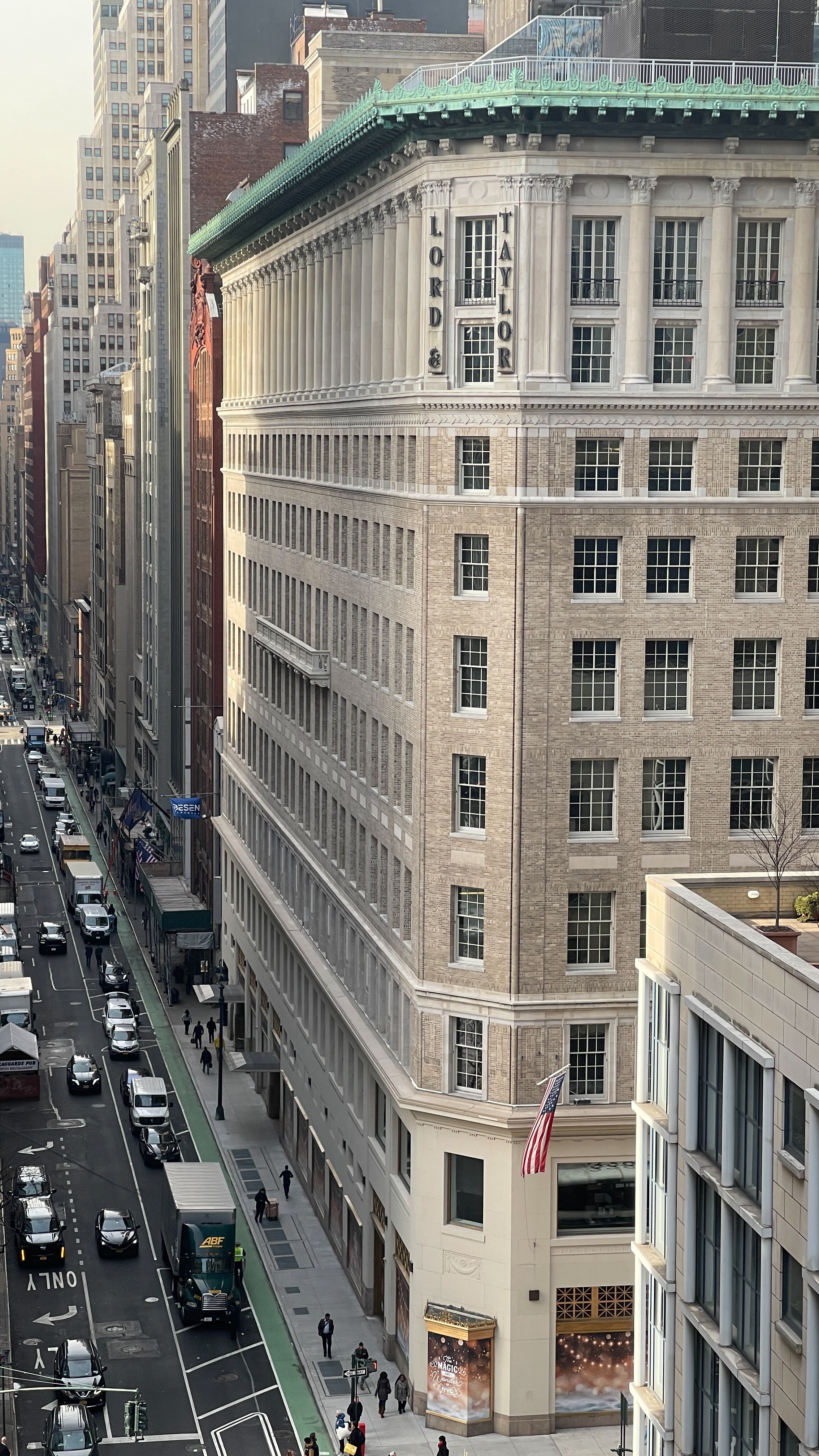 Historic Lord and Taylor department store facade and surrounding Manhattan buildings